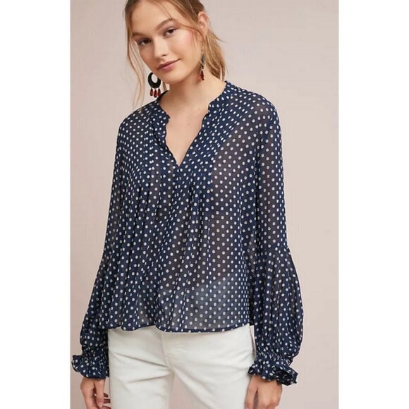 💕ANTHROPOLOGY CURRENT AIR💕 Bosworth Polka Dot Blouse ~ Navy Blue Large - Picture 1 of 13